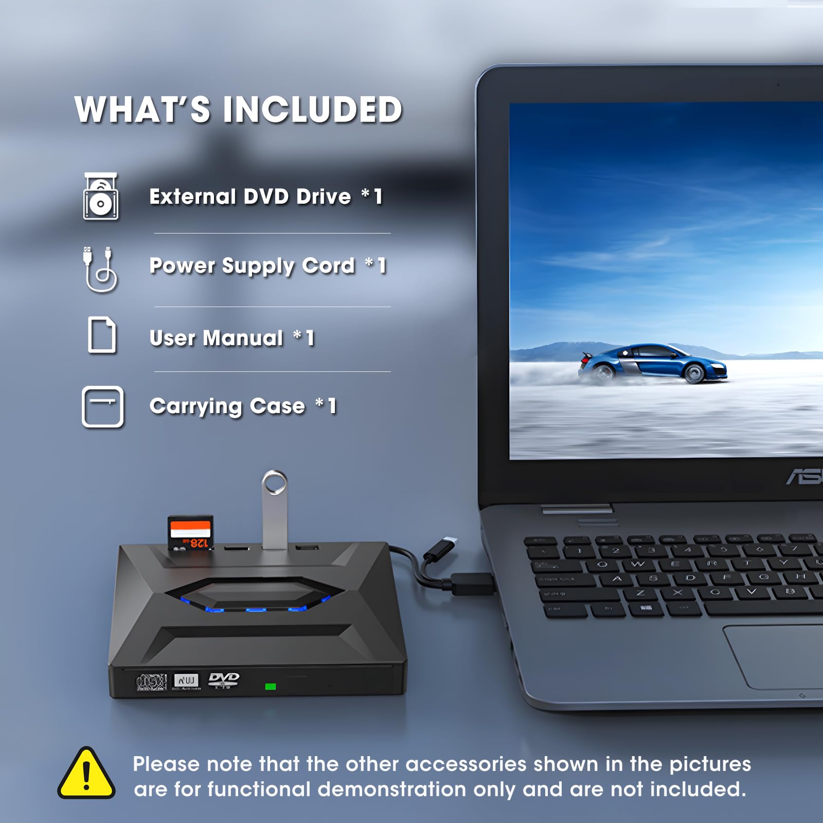 ROOFULL External CD DVD Drive with USB 3.0 Type-C Ports + SD Card Slot + Carrying Case for Laptop PC, CD DVD +/-RW Reader Writer Burner Player ROM Optical Disk Drive for Windows, Mac, Linux Computers