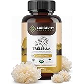 Organic Tremella Mushroom Capsules Supplement (120) | Fruiting Body 10:1 High Strength Snow Fungus Extract | 10% Beta-D Glucans | 9,000mg Raw Equivalent Per Serving | Skin Hydration & Brain Support