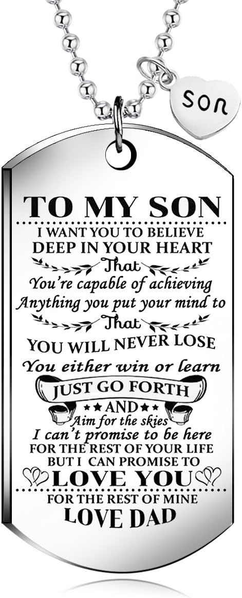 To My Son from dad I Want You To Believe Love Mom Dog Tag Military Air Force Navy Coast Guard Necklace Ball Chain Gift for Best Son Birthday Graduation