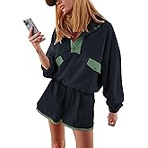 ACCPUR Quarter Button Sweatsuits Women Oversized Color Block Sweatshirts Sets Shorts Tracksuits 2025 Casual 2 Piece Outfits