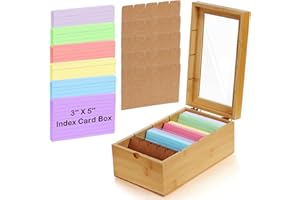 AceOrbit 3x5'' Index Card Holder Box with Dividers Bamboo Index Card Organizer Wood Recipe Box with Lid 4 Compartments for 1200 Cards File Notecard Holders for Business Home Office Kitchen