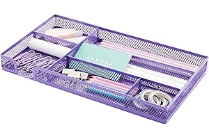 Annova Desk Drawer Organizer Tray for Office Organization - Metal Mesh - Storage Tray with Dividers for Pens, Desktop Accessories, Bathroom, Kitchen, Makeup and Office Supplies (Small, Purple)