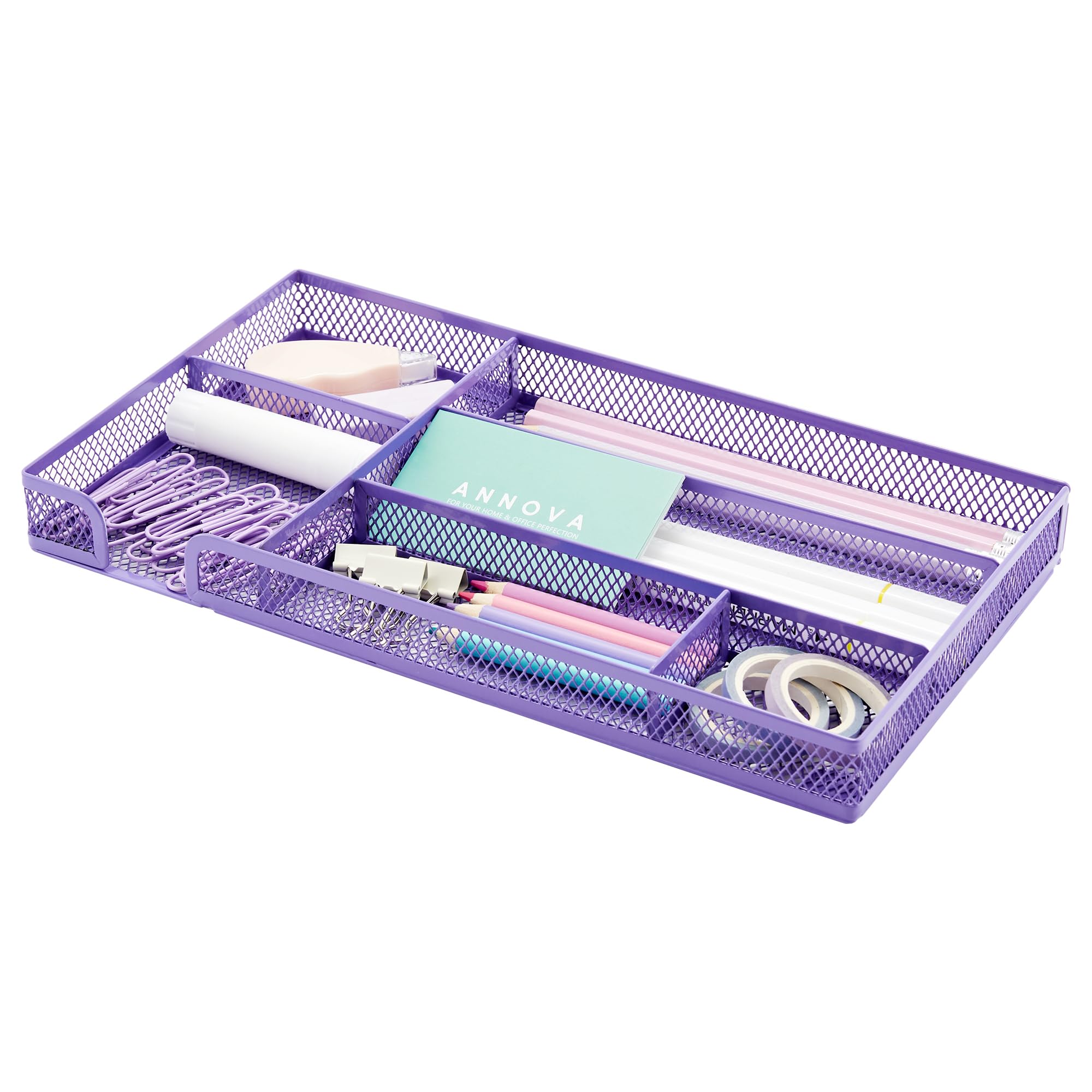 Annova Desk Drawer Organizer Tray for Office Organization - Metal Mesh - Storage Tray with Dividers for Pens, Desktop Accessories, Bathroom, Kitchen, Makeup and Office Supplies (Purple) — image 1