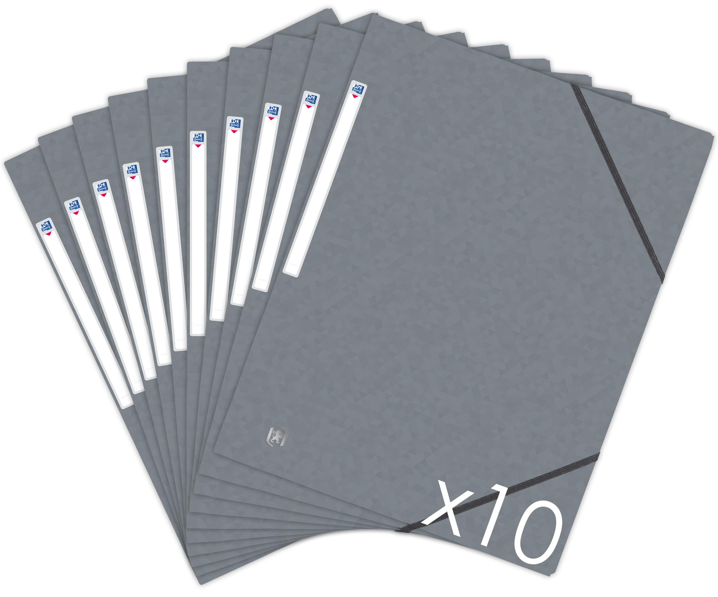 Oxford Topfile+ Pack of 10 Cardboard Folders with 3 Flaps, A4, Elastic Closure and Pockets, Grey