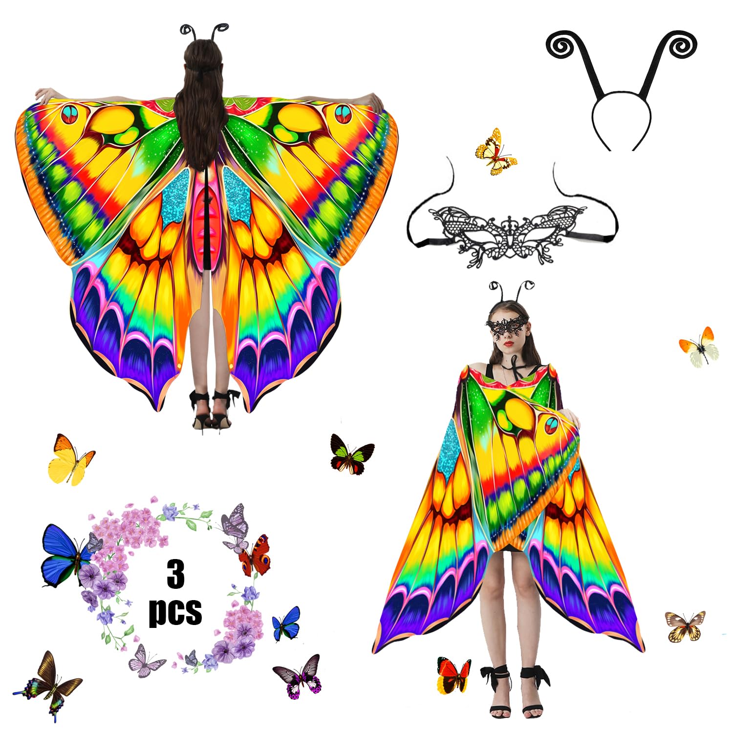 Jeackcelle Butterfly Costume Women's Halloween Costumes Cape, Fairy Wings Fancy Dress Butterfly Wings Ladies Carnival Party Cosplay Dancing (Yellow)