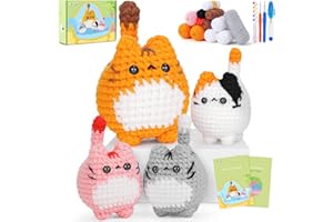 AUSPICIOUS BEGINNING Crochet Kit for Beginners-4PCS Cat Crochet Kits for Adults, Crochet Starter Kit with Step-by-Step Video Tutorials, Crochet Animals Kits DIY Craft Knitting Kit Learn to Crochet Kits for Adults