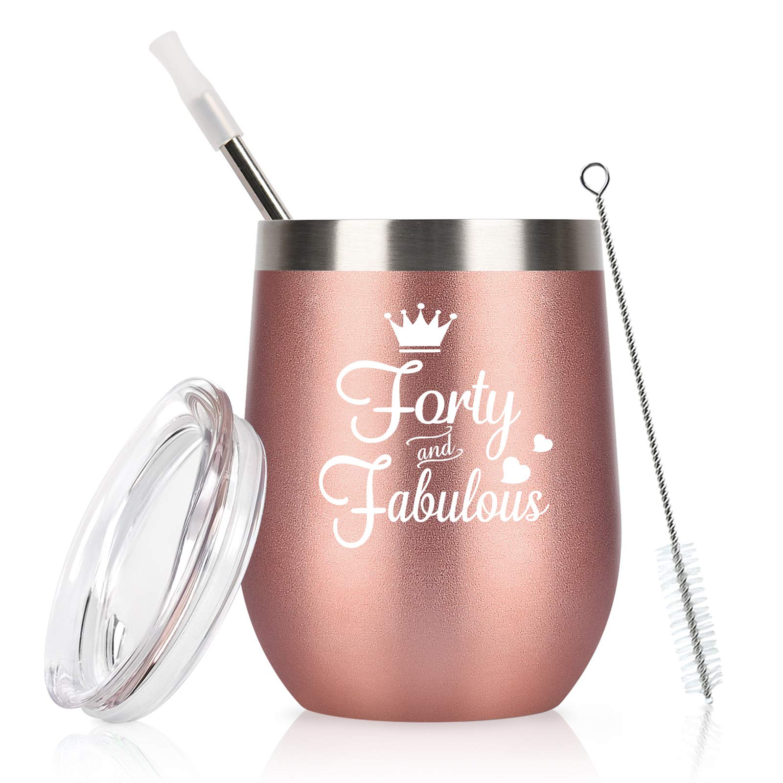 Photo 1 of GINGPROUS 40th Birthday Gifts for Women Wife Mom Friends Coworkers, Forty and Fabulous Wine Tumbler for 40th Birthday, 12 Oz Stainless Steel Insulated Wine Tumbler with Lid and Straw, Rose Gold