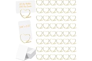 Worldity 50 Pcs Place Card Holders Gold, Heart Shape Small Size Table Card Holders with 100 Pcs Blank Place Cards for Table S