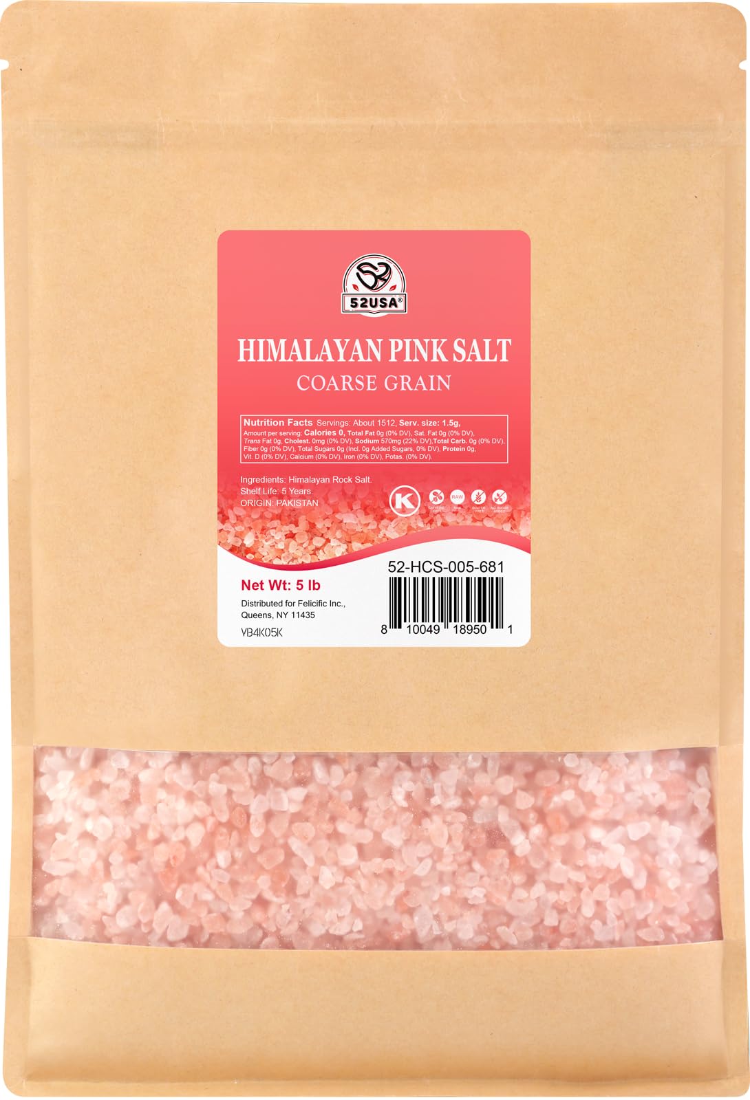 Photo 1 of 52USA Himalayan Pink Salt, Coarse Grain, 80 oz (5 Pound), Pink Himalayan Sea Salt, Sea Salt for Grinder Refill, Kosher Salt