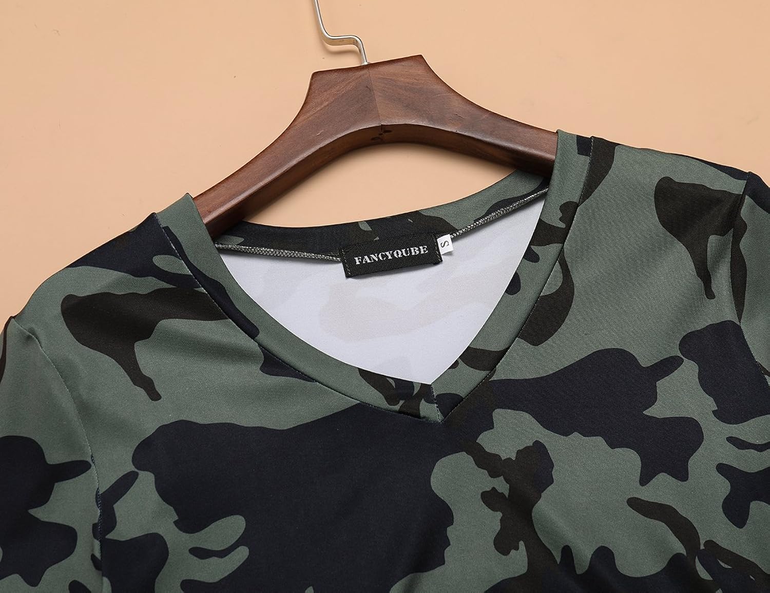 fancyku women's camouflage long sleeve v neck t-shirt top army green