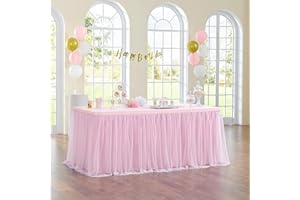 NSSONBEN 6ft Pink Tulle Table Skirt for 4/6ft Rectangle Round Tables, 2-Layer Gold Grim Ruffle Princess Pink Tulle Tutu ClothTable Skirts for Birthday Party Baby Shower Cake Dessert Tables(No Table Cover)