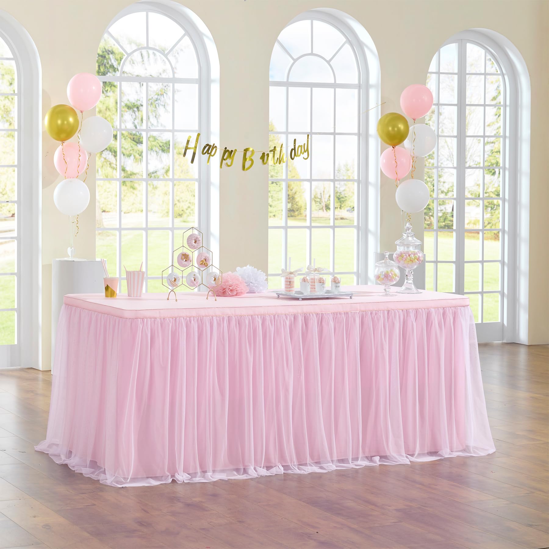 NSSONBEN Tulle Table Skirt Pink Table Skirting Fluffy Tutu Table Skirt for Baby Shower Birthday Party Wedding Banquet Table Decorations (3Yard/9ft/L275cm*H77cm)