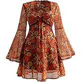 BEAUDRM Women's Y2k Plus Size Hippie Vintage Boho Dress Leopard Bell Long Sleeve V Neck Bow Mesh Goth Mini Dresses
