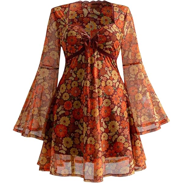 Verdusa Women's Plus Size Paisley Print Short Dress Boho Bell Sleeve V Neck  Ruffle Dresses Rave Outfits Coffee Brown 3X-Large Plus at Amazon Women's  Clothing store