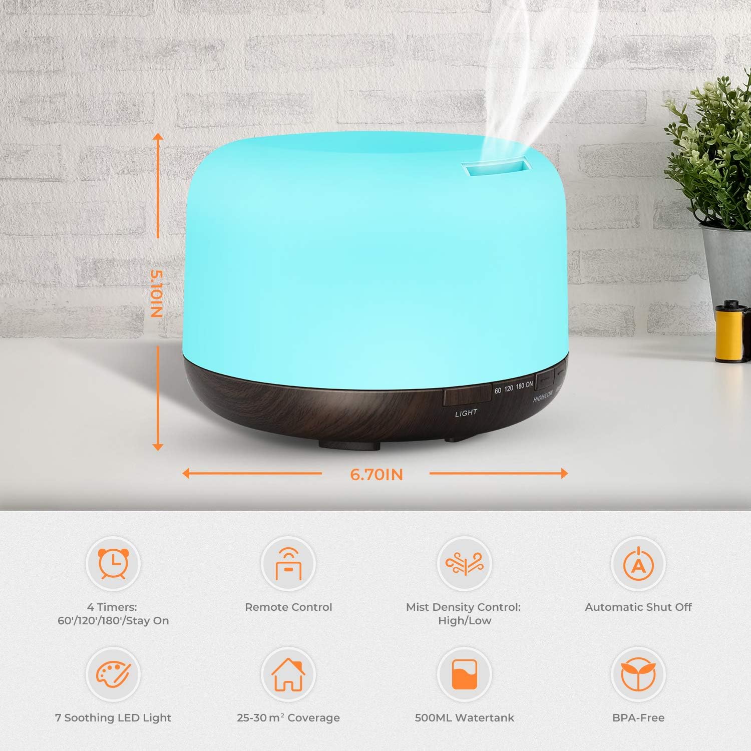 UOKIER Essential Oil Diffuser, 500ml Diffusers for Essential Oils with Remote Control, Ultrasonic Aromatherapy Diffuser Humidifier with Adjustable Cool Mist, Mood Lights, Timer & Waterless Auto-Off: Kitchen & Dining