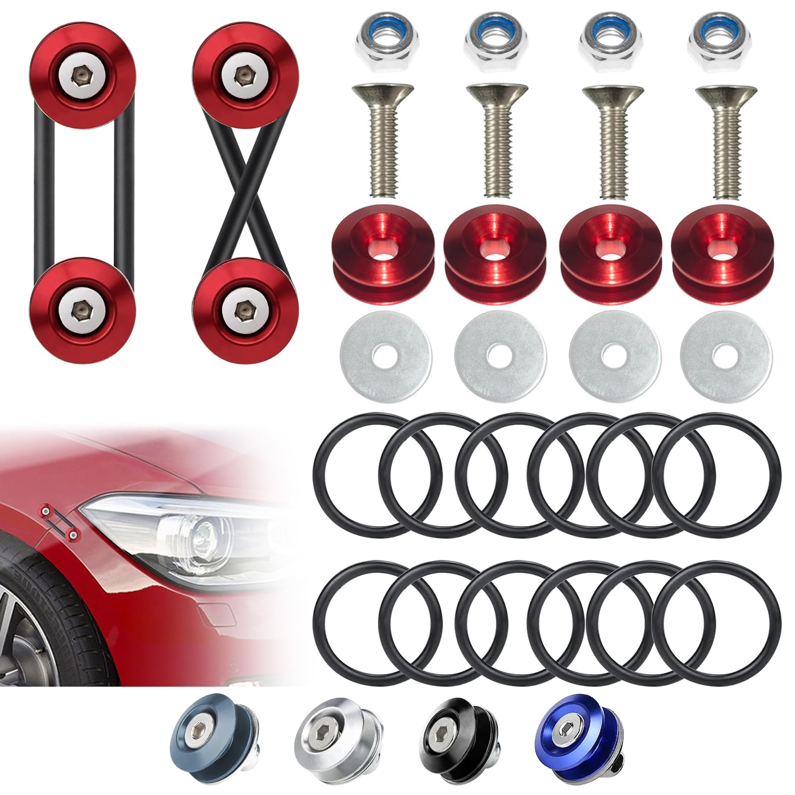 Photo 1 of BFXM Universal Bumper Clips, Front Rear Bumper Quick Release Kit, Bumper Holders for Cars (4 Red Bumper Quick Release Tabs and 12 Customized O-Rings)