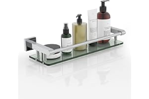 Glass Shelf for Bathroom Rectangular Stainless Steel Tempered Glass Modern Stainless Steel Wall Mount Shelf (Chrome Polished,