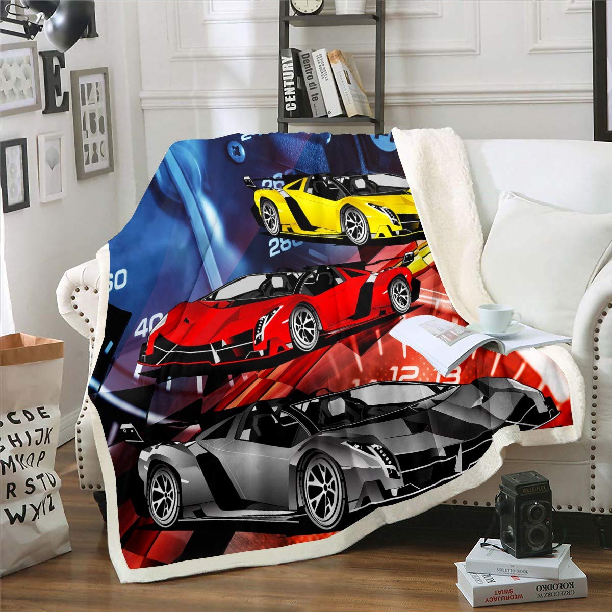 Loussiesd Race Car Plush Blanket - Extreme Sports Theme Fleece Throw for Couch Bed Sofa Decor - Automobile Style Cool Fuzzy Sherpa - Single 50"x60"