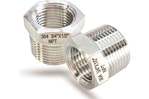 FEYADAPER 3/4" NPT Male to 1/2" NPT Female Hex Bushing Reducer, 304 Stainless Steel Reducing Adapter Pipe Fitting, Heavy Duty Pipe Hex Bushing for Reducing Pipe (3/4” MNPT x 1/2” FNPT)