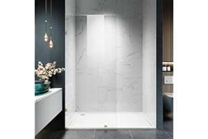 BOUGAINORA Shower Glass Panel, 28.5" W x 78.75" H Fixed Shower Screen Panel with 3/8"(10mm) SGCC Clear Tempered Glass, Frameless Walk in Shower Door for Bathroom (Bright Gold, 28.5" W x 78.75" H)