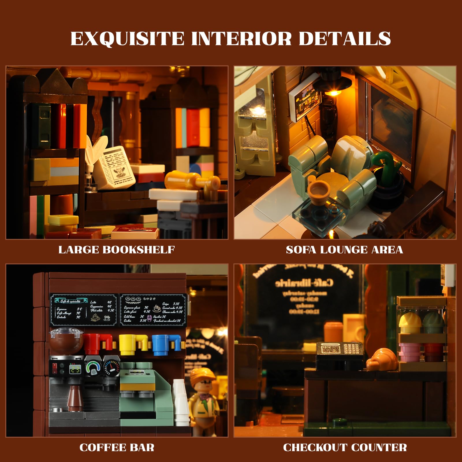 Funwhole Buchcafé Beleuchtetes Baukasten Set - Stadtkaffeehaus LED Licht Modularer BAU Modellsets 1718 Stücke für Erwachsene und Jugendliche 4