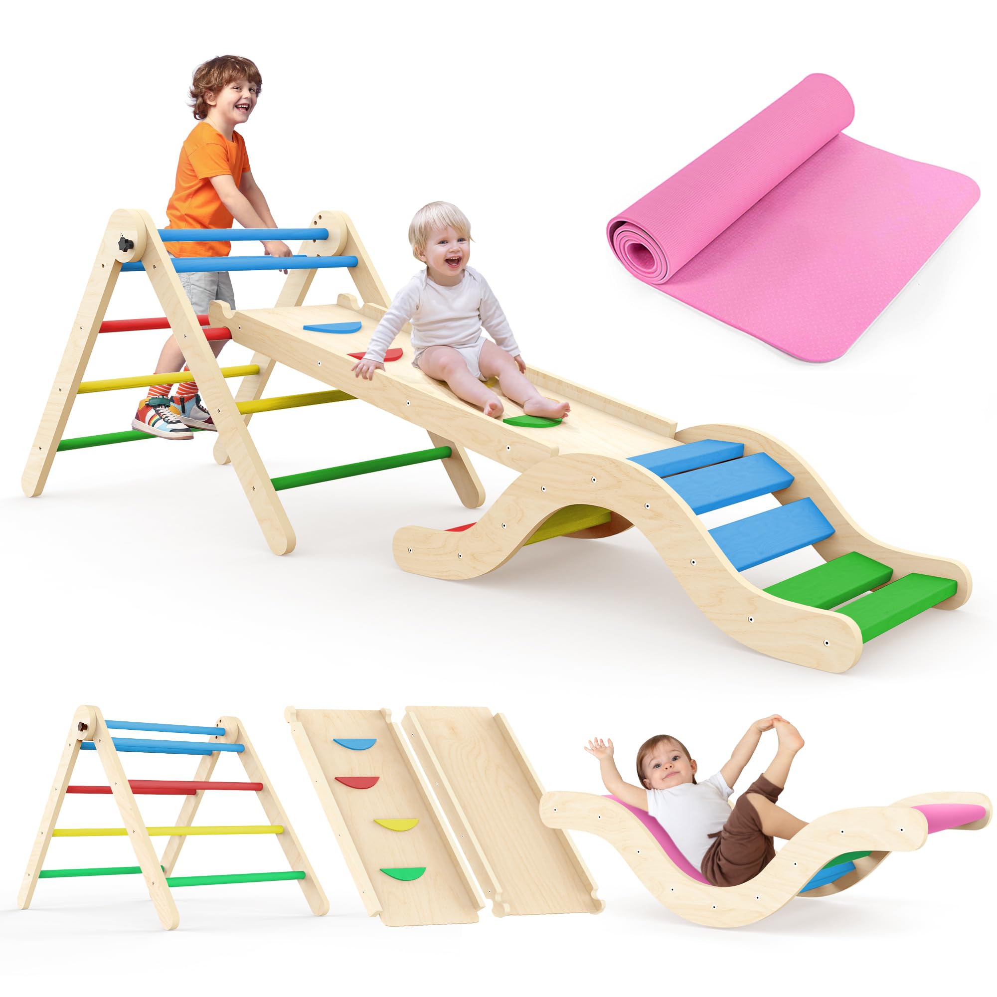 Montessori Indoor Playset: 7-in-1 Climbing Frame with Slide, Arch & Mat for Toddlers and Children (1-3 Years) (Colorful)