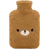 samply Hot Water Bottle with Cute Bear Fleece Cover, Hot Water Bag, Brown | Soft fleece cover feels warm and cozy. Use for hot or cold compress on the neck, shoulders, hands, feet or abdomen.