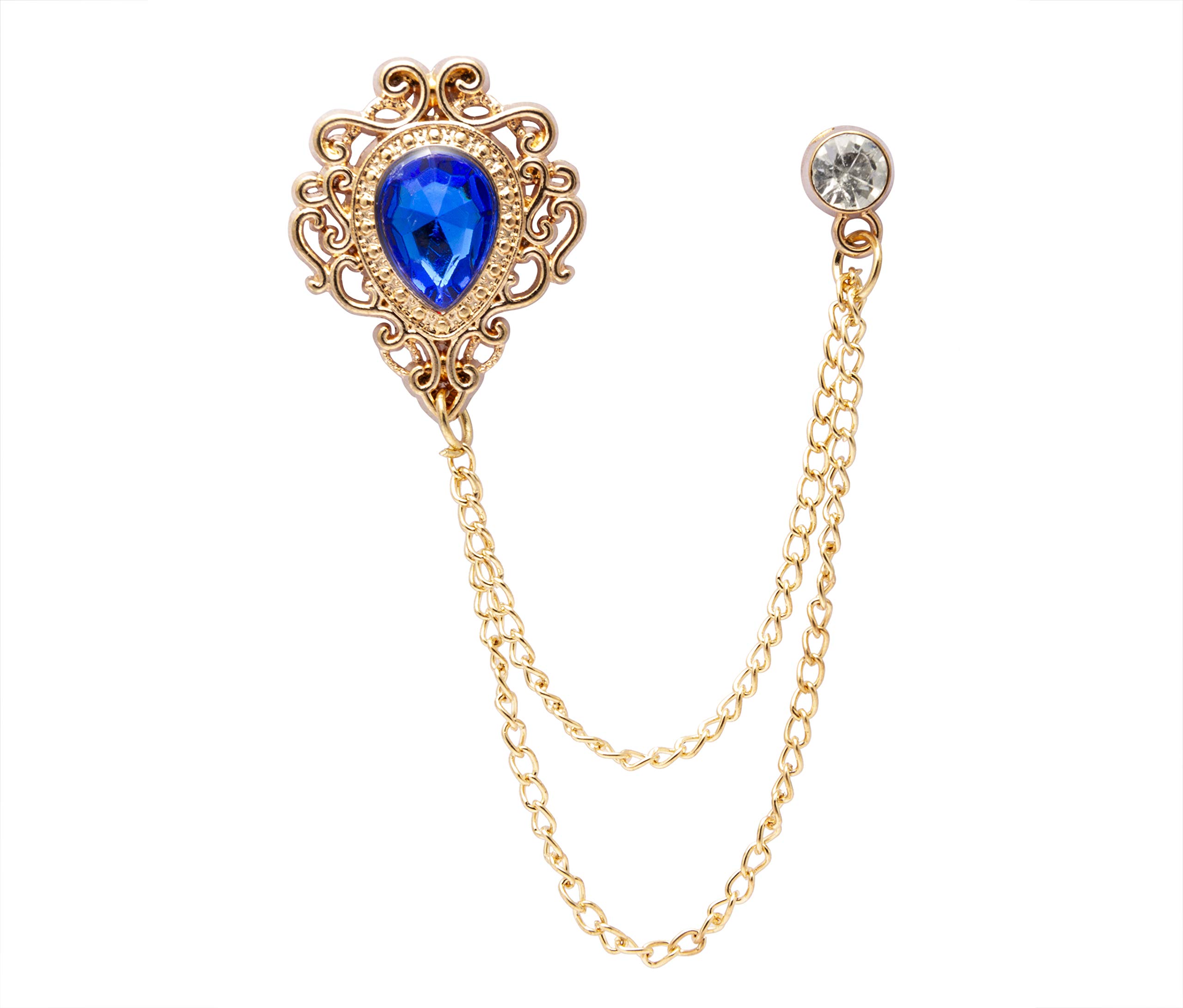 Brooch Lapel Pin for Men Blue Stone with Gold Engraving Metal Crystal Chain Lapel Pin Badge Coat Suit Wedding Gift Party Shirt Collar Accessories