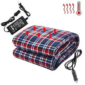 Big Hippo Electric Car Blanket, 12-Volt Heated Travel Blanket Throw with AC Adapter -Heating Blanket Great for Cold Weather, Camping, Home, Office, Car Use (Red/Blue, 58"x 41")