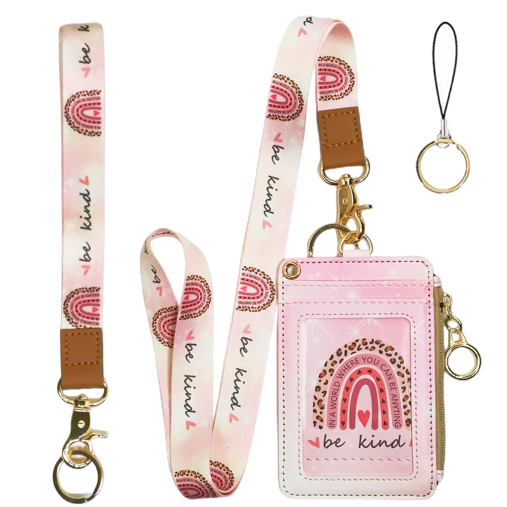 lanyards for id Badges, Lanyard Wallet for Women,Fashion Badge Holder with Zipper（Be Kind