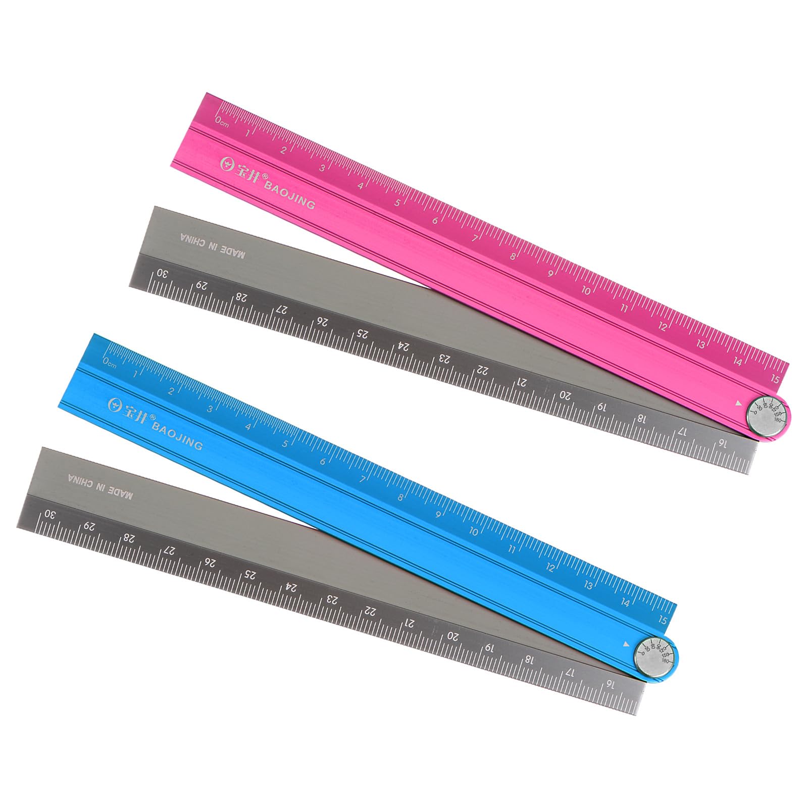 Kozelo 2pcs Folding Straight Ruler - [30cm] Foldable Angle Line Aluminum Metric Ruler Measuring Tool Red Blue for Measurement Drawing Engineer Office Classroom Use, 0.5mm Minimum Scale