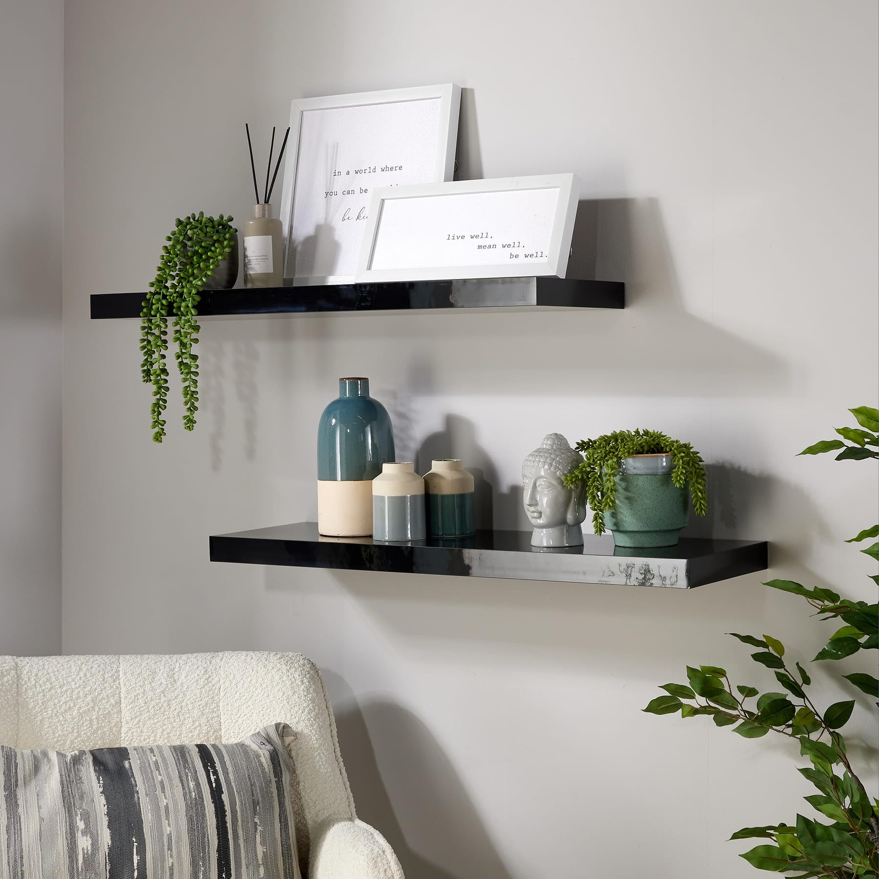 Home Source Pair of 2 Floating Wall Mounted Storage Shelf Wooden DVD Book Shelves,Black Gloss, 80 cm