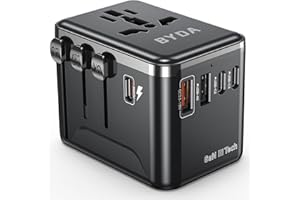 BYDA Universal Travel Adapter,Worldwide All-in-One International Power Plug with USB-C 35W GaN & USB Ports,EU/UK/US/AU Outlet Converter for Europe Asia,Travel Essentials&Adapter for Apple,Android