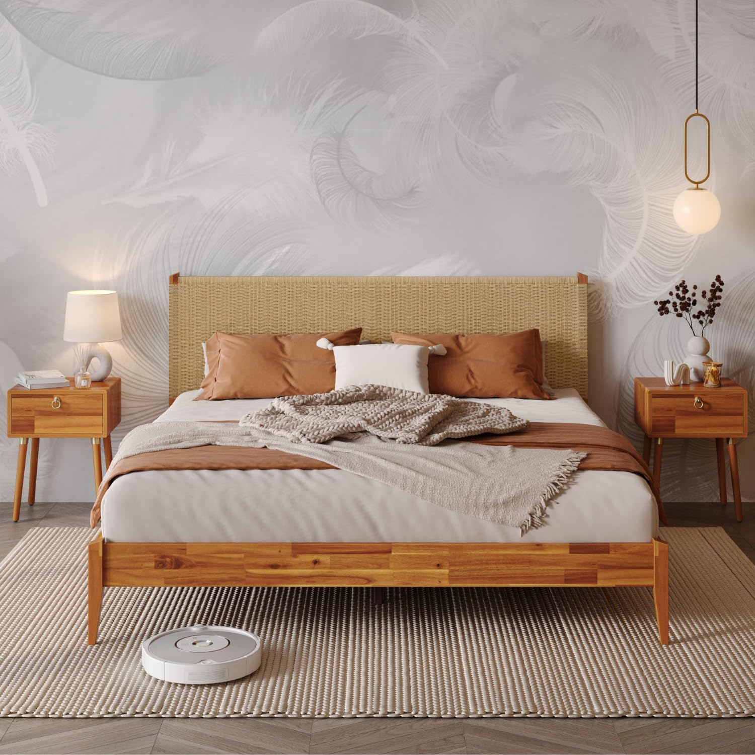 Photo 1 of Bme Selina King Bed Frame and Headboard - Handcrafted Paper Cord Headboard, 12-Slat Support, No Box Spring Needed - Easy Assembly, Caramel