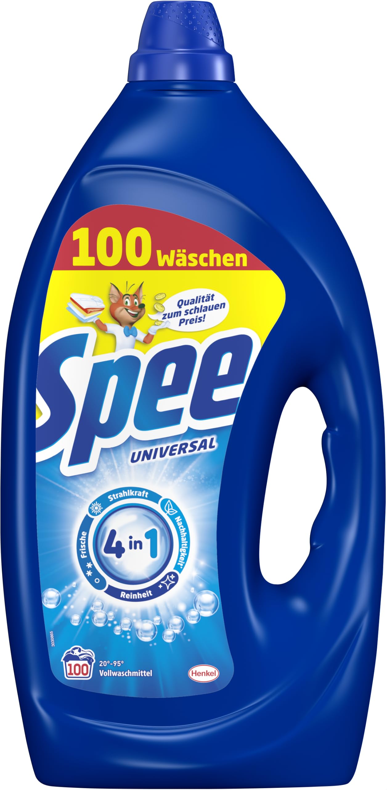 Spee Gel Universal (100 Waschladungen), Flüssigwaschmittel mit 4 in 1 Formel, Waschmittel vereint Reinheit, Strahlkraft, Frische & Nachhaltigkeit, 20° - 95° C
