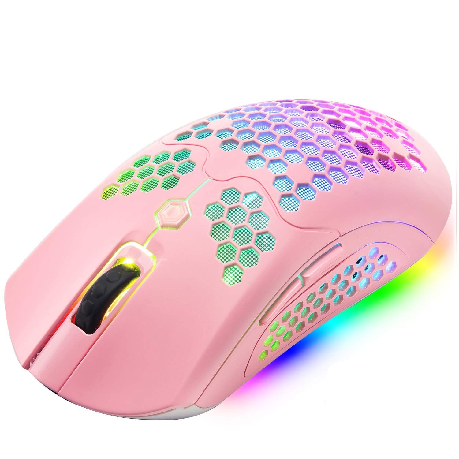 Wireless/Wired Lightweight Gaming Mouse, Dual Modes, 800 mAh Rechargeable Mice, PMW3325,12000 DPI,16 RGB Backlit, 69G Honeycomb Shell Design, 7 Programmable Buttons with Driver for PC Gamer (Pink)