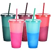 Suertestarry Color Changing Cups, Bulk Tumblers with Lids and Straws, 5 Pack of Reusable Plastic Cups, Kids & Adult Friendly, 24oz Smoothie Travel Cup (Rainbow, 5 Packs)