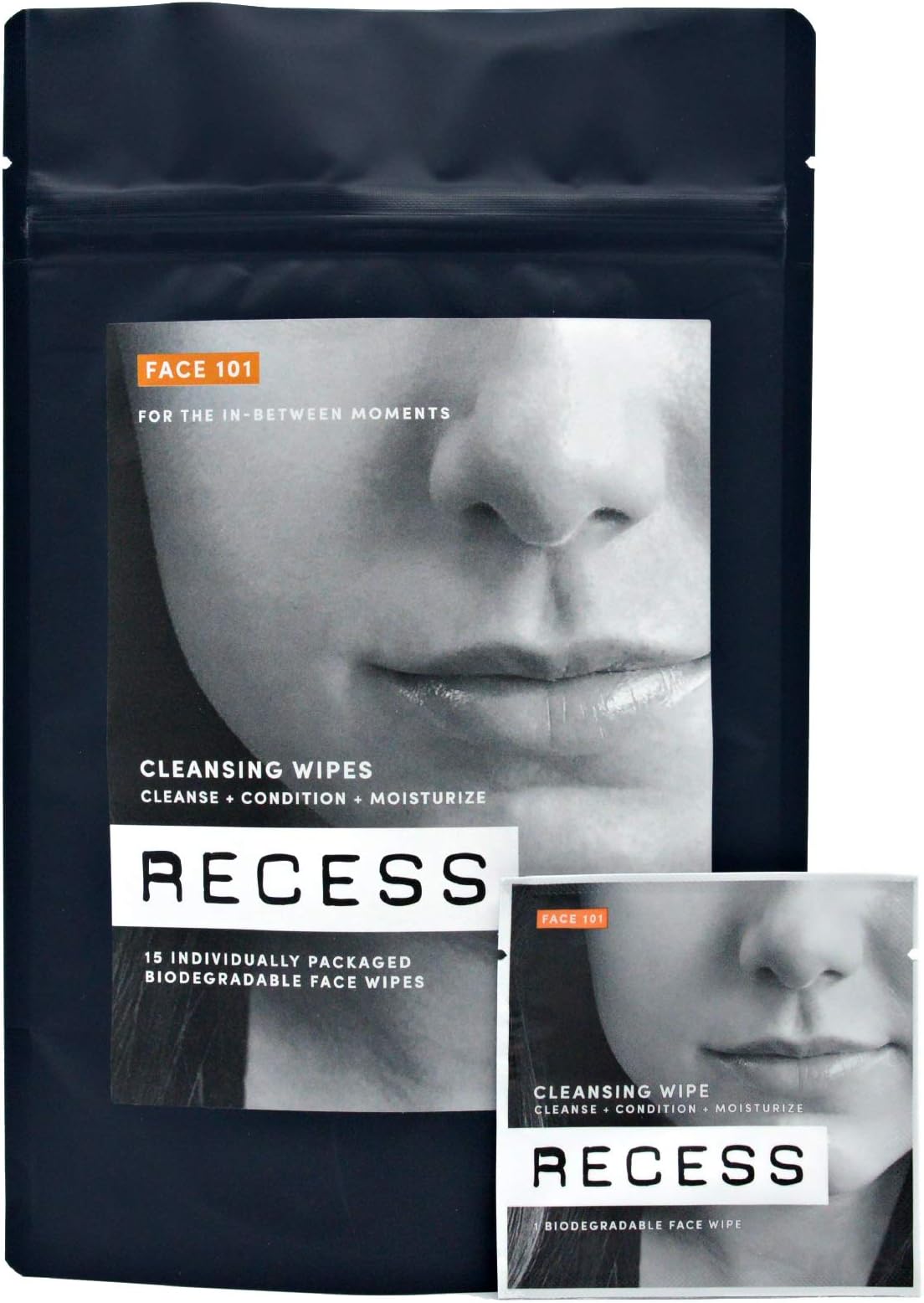 FACE CLEANSING WIPES- Biodegradable Face Wipes for All Skin Types- Alcohol-Free, with Hyaluronic Acid and Aloe, Wipes for Post Workout, Gym & Travel, Unisex - RECESS FACE 101 (15 To-Go Wipes)