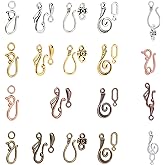 PH PandaHall 120 Sets S Hook Ring Toggle Clasps 15 Styles Tibetan Style Hook and Eye Clasps Toggle Cord Rope End Clasp Connector Beads for Necklace Bracelet Jewelry Making