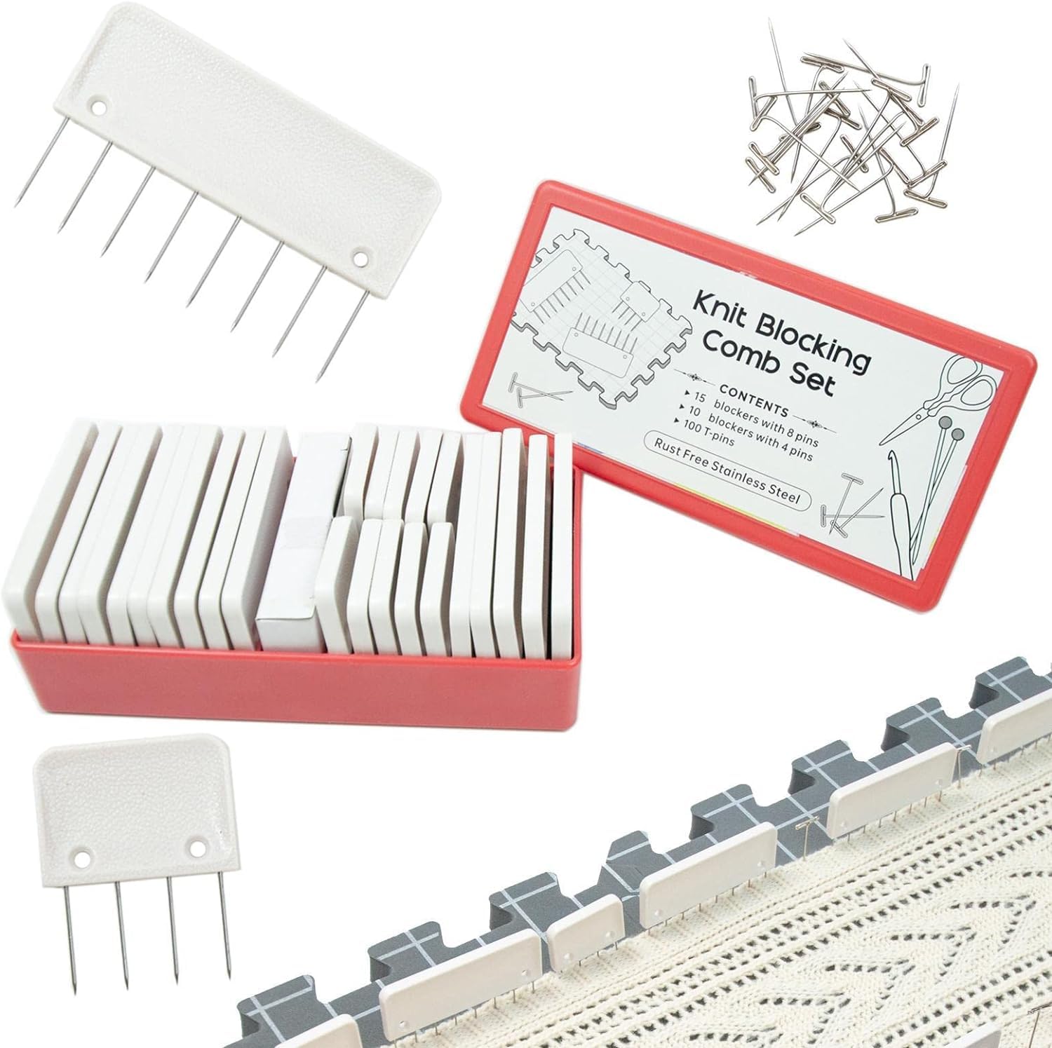 Fyearfly Knit Blocking Pins Kit,Knit Blocking Comb – Set of 25 Combs for Blocking Knitting, Crochet, Lace or Needlework Projects – Extra 100 T-pins – for Knitting Crochet Needlework Projects