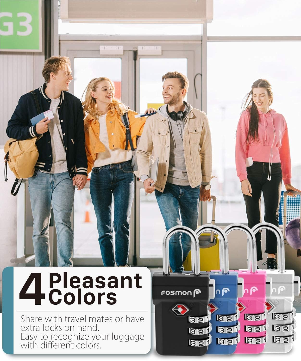  | Fosmon TSA Approved Luggage Locks, (4 Pack) Open Alert Indicator 3 Digit Combination Padlock Codes with Alloy Body and Release Button for Travel Bag, Suit Case and Luggage - Blue, Pink, Silver, Black | Luggage Locks