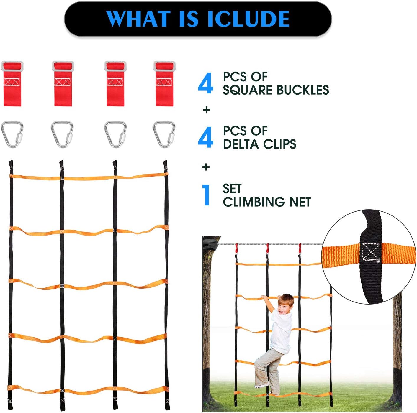 Odoland 3.9ftx6.6ft Ninja Net Climbing Cargo Net Rope Ladder for Kids Outdoor with 4 Square Buckles and 4 Delta Rings, Obstacle Course for Training Equipment and Swing Set Attachment : Sports & Outdoors