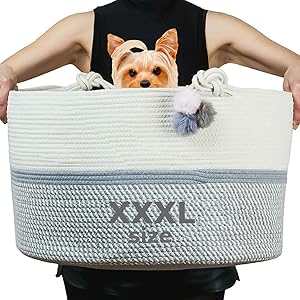 XXXL Cotton Rope Basket 22"x22"x14" Extra Large Soft and Safe for Kid's Room Laundry Hamper Storage Organizing Bag for Baby Clothes and Blankets, Kids Toys. Grey Nursery Woven Bin Home Decor Baskets.