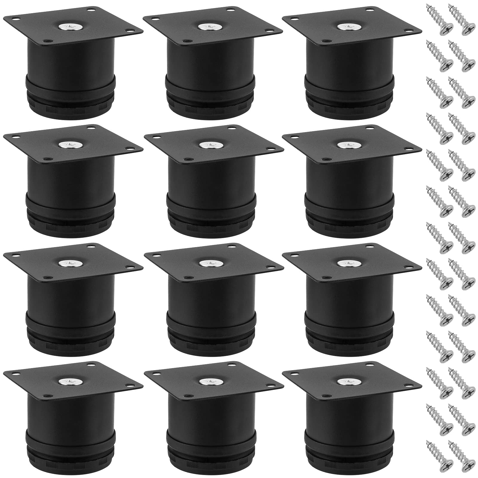 PINGEUI Pack of 12 5 cm Adjustable Furniture Feet, Black, Height-Adjustable Feet for Furniture, Stainless Steel Cabinet Feet with Screws, Round Furniture Legs for Cabinets, Table, Armchairs, Sofa