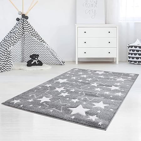 carpet city Kinderteppich Flachflor Hochwertig Bueno mit Konturenschnitt, Glanzgarn mit Sternen-Muster, Sterne in Grau, Größe