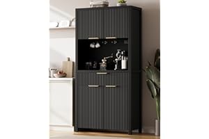 Lulive 71" Fluted Pantry Cabinet with Charging Station & Adjustable Shelves, Spacious Kitchen Storage Cabinet with Open Countertop & Drawer for Dining Room, Living Room, Black