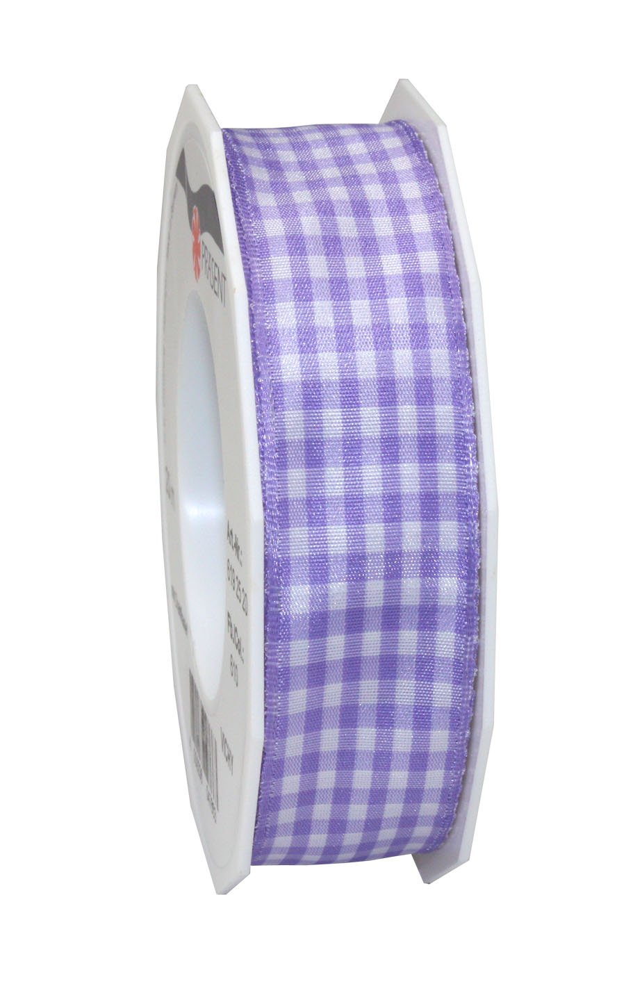 PRÄSENT - Vichy Wired Ribbon Light Purple-White 25 mm width, 20 m length