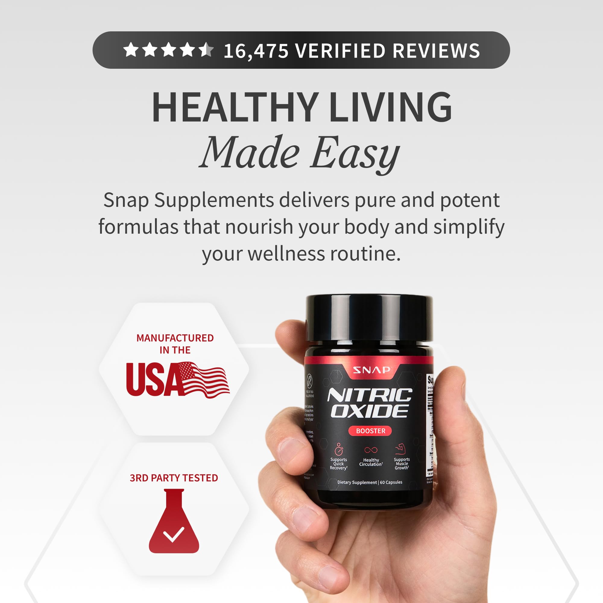 Snap Supplements Nitric Oxide Supplement with L-Arginine to Support Energy, Quick Recovery, Heart Health, Muscle Growth & Circulation, 60 Vegetarian Capsules (1 Month Supply)