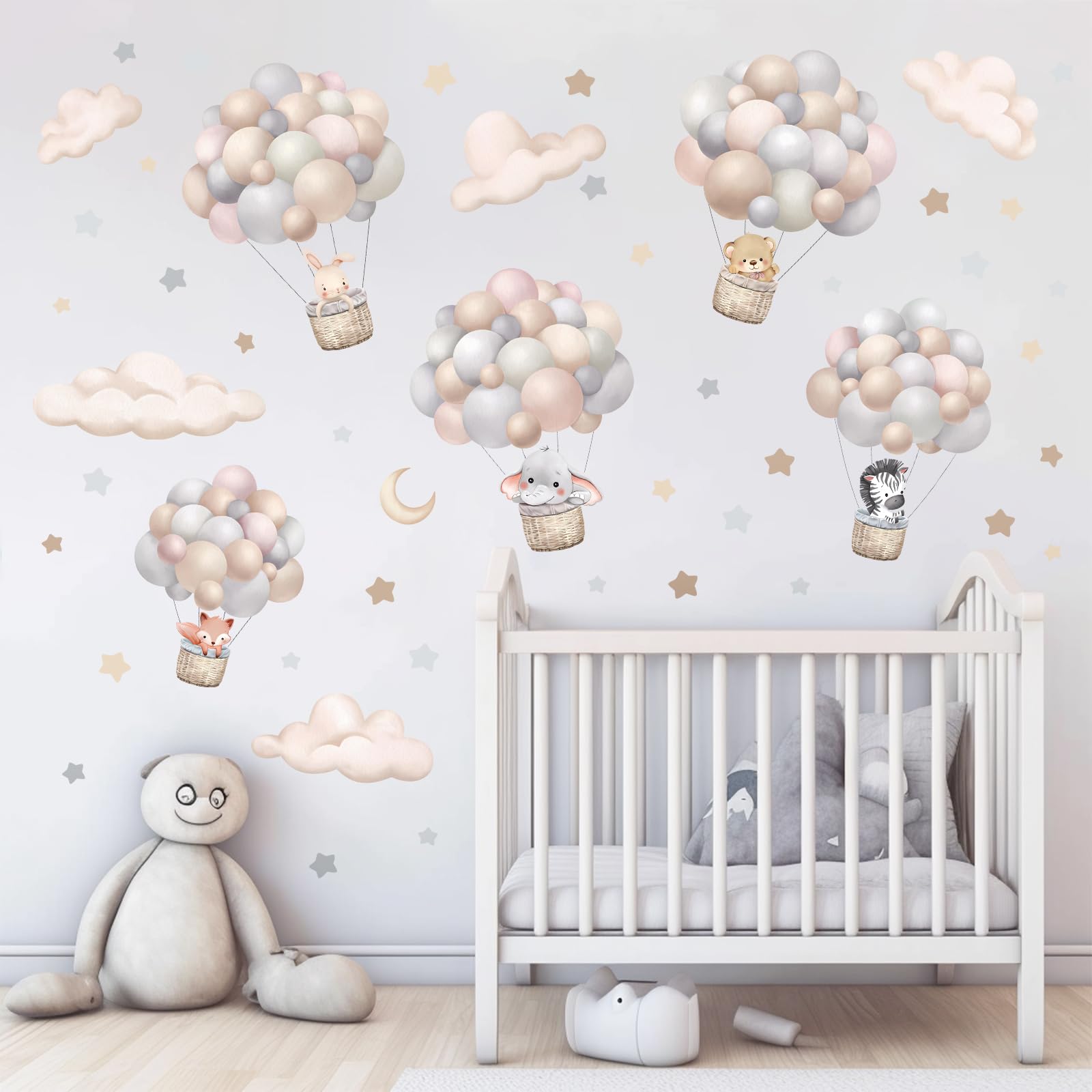 wondever Balloon Flying Animal Wall Stickers Clouds Stars Moon Peel and Stick Wall Art Decals for Baby Nursery Kids Bedroom Classroom