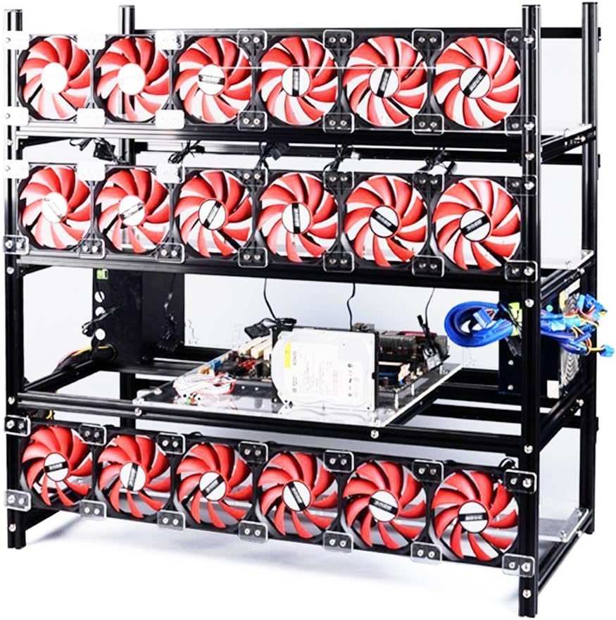 19 GPU Open Air Mining Rig Aluminum Stackable Frame Case Cryptocurrency Miners With 18 Fans For ETH/ETC/ ZCash Ethereum,Bitcoin,and Altcoins (Black-Red)